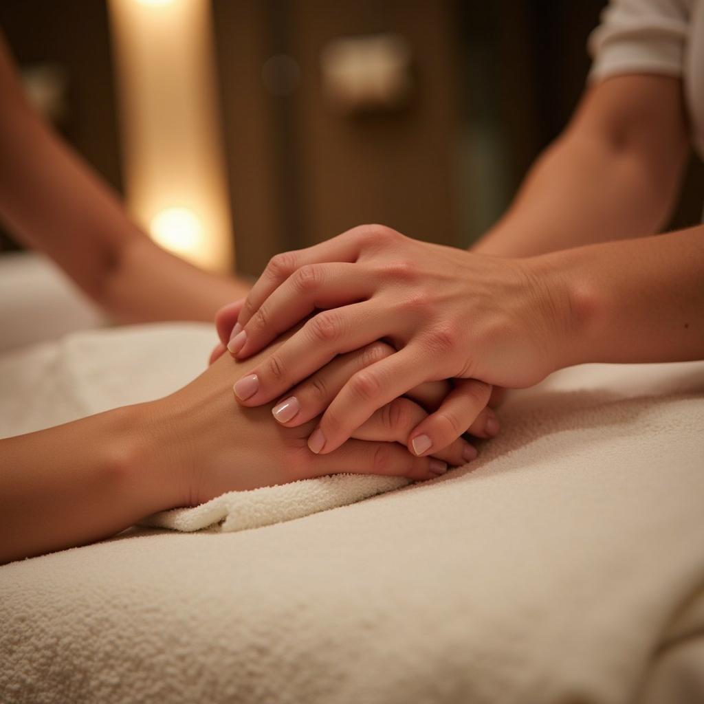 Couple holding hands during a spa treatment