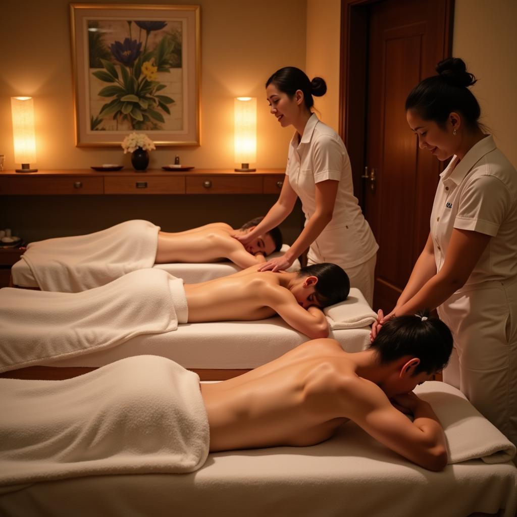 Couple receiving a massage therapy session together at a spa