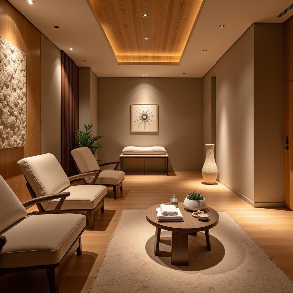 A calming relaxation area in a Delhi commercial spa, with comfortable seating and a peaceful ambiance.