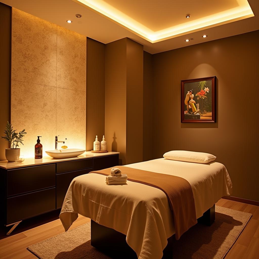 A serene treatment room in a Delhi commercial spa, featuring comfortable massage tables and calming decor.