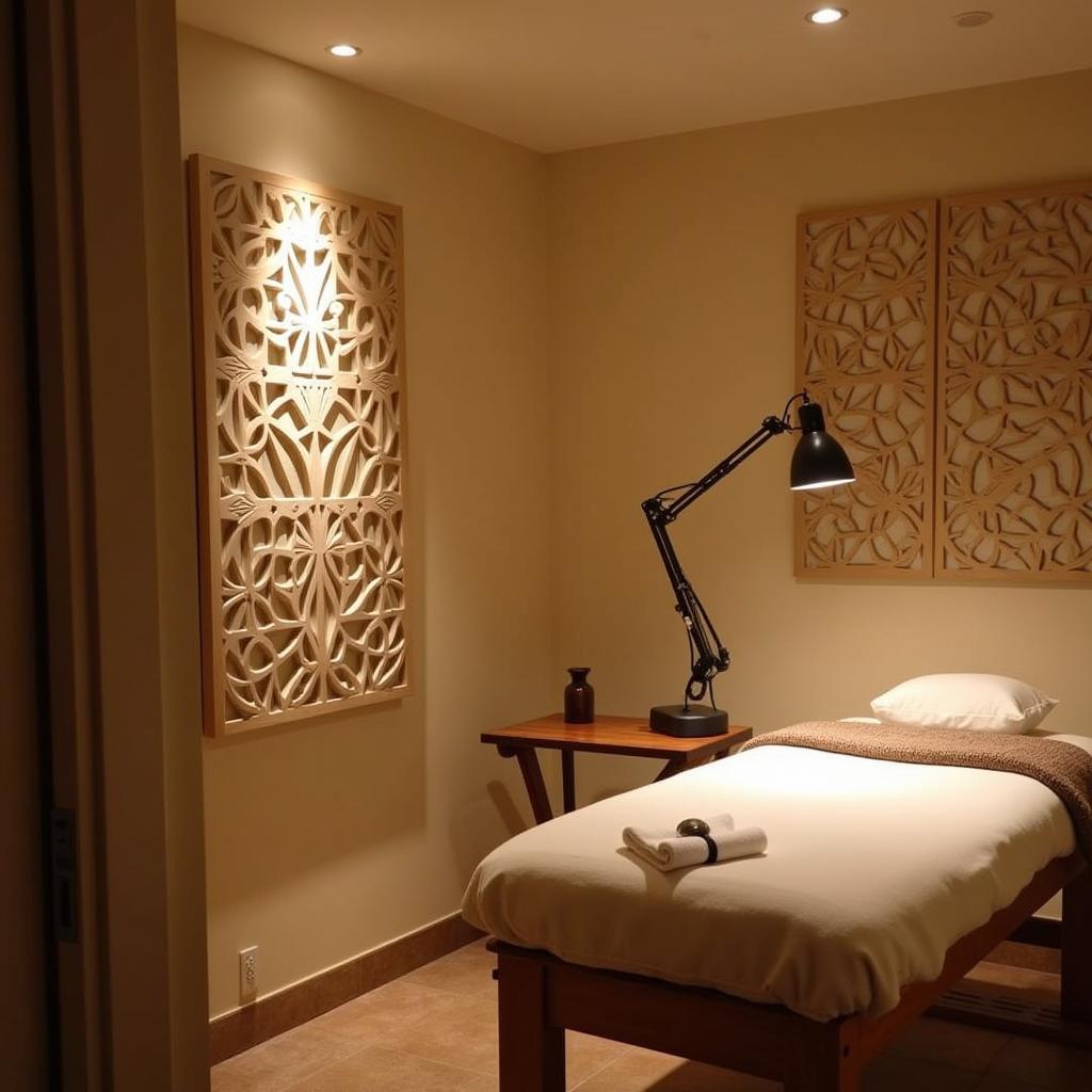 Different lighting types create a balanced ambiance in the spa treatment room