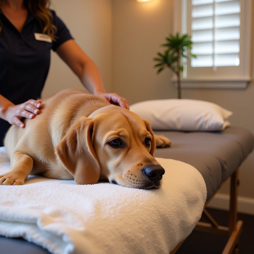 Dog receiving massage therapy at a Los Angeles dog spa