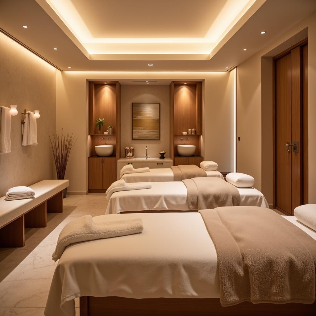 Dubai Mall Spa Relaxation: Luxurious spa interior with calming lighting and comfortable treatment beds, offering a serene escape.