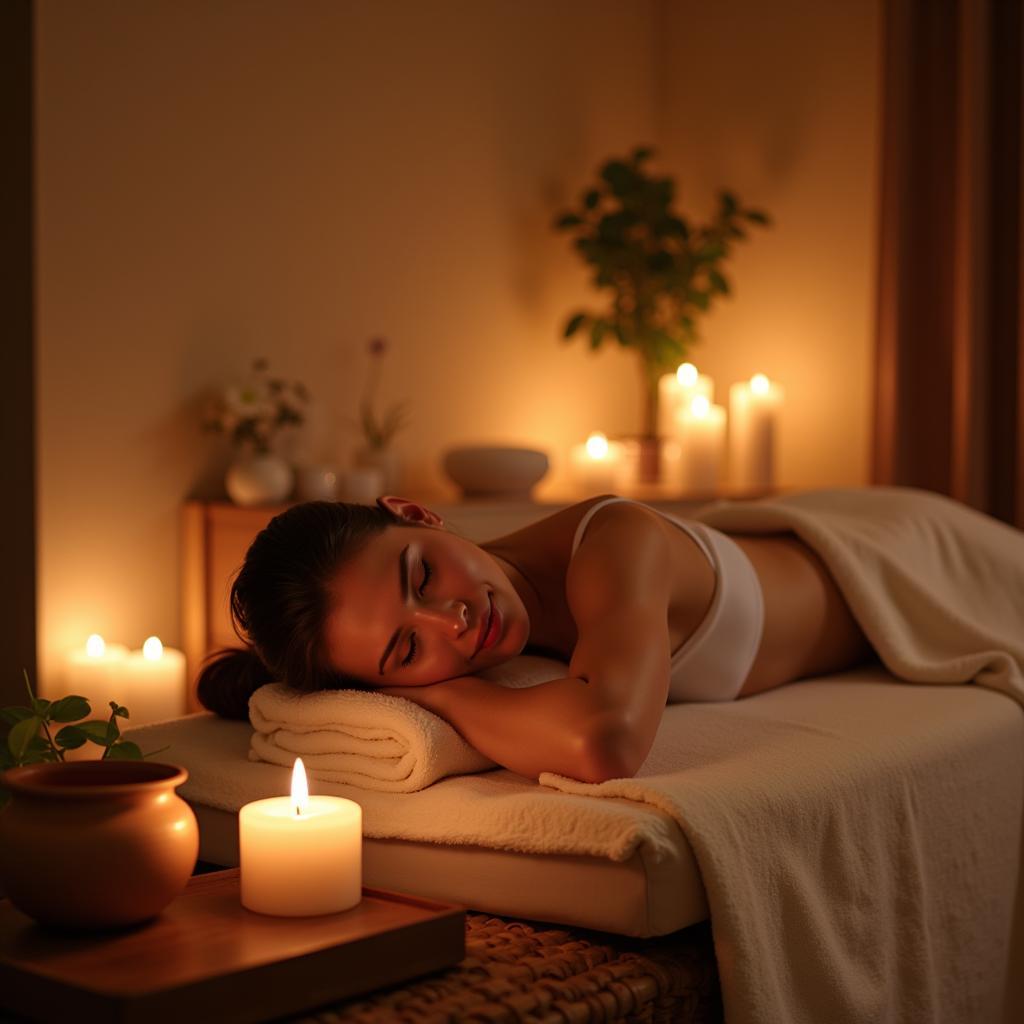 Dwarka Night Spa Relaxation: A woman relaxing in a spa with dimmed lights and aromatherapy candles.