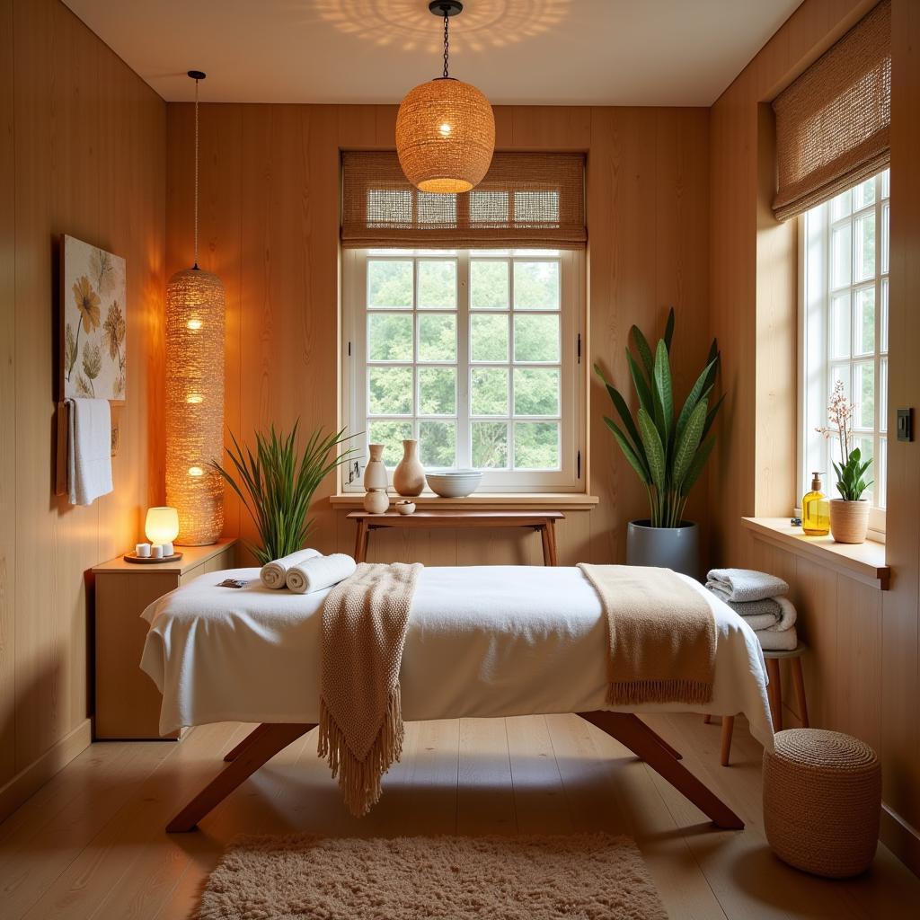 A treatment room at an earth spa in Ahmedabad with natural decor and a massage table.