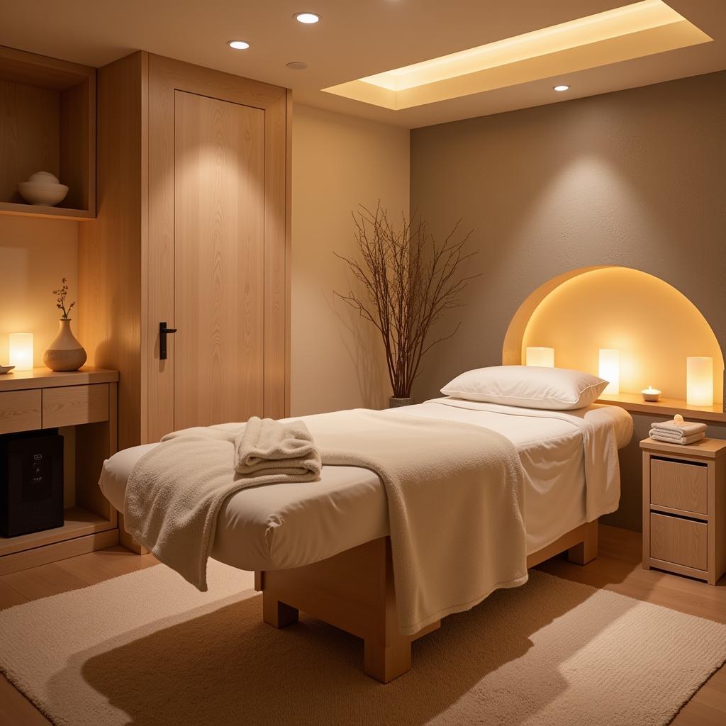 Tranquil Spa Atmosphere: Soft lighting and calming decor create a relaxing ambiance.