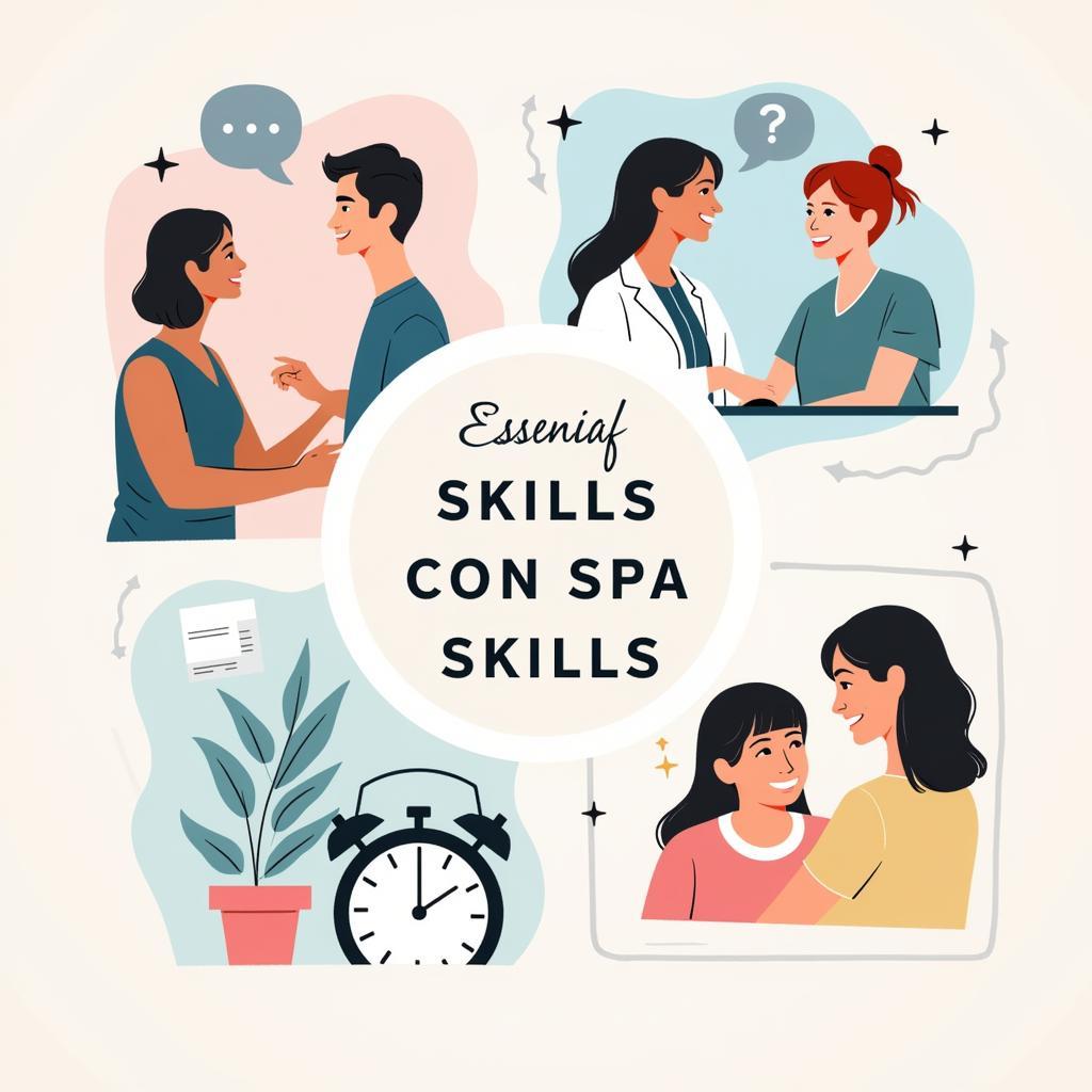 Collage showcasing essential skills for spa therapists including communication, interpersonal skills, and time management.