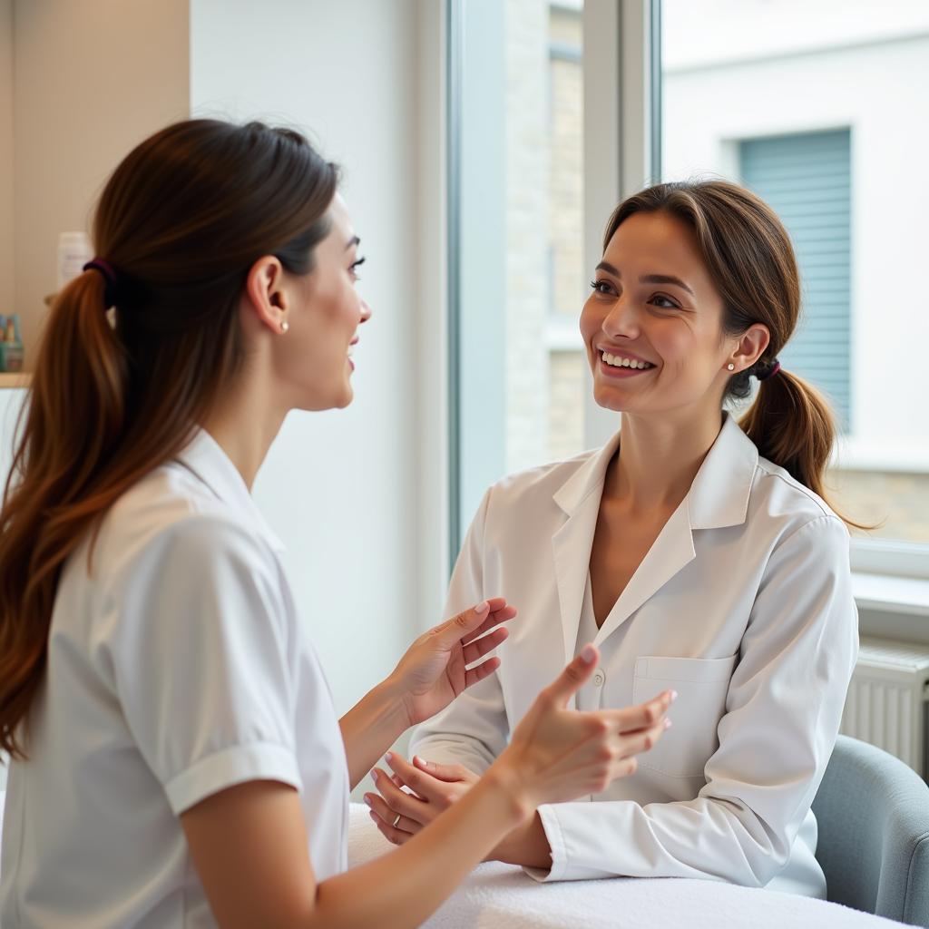 Esthetician and client discussing personalized skin care spa treatments