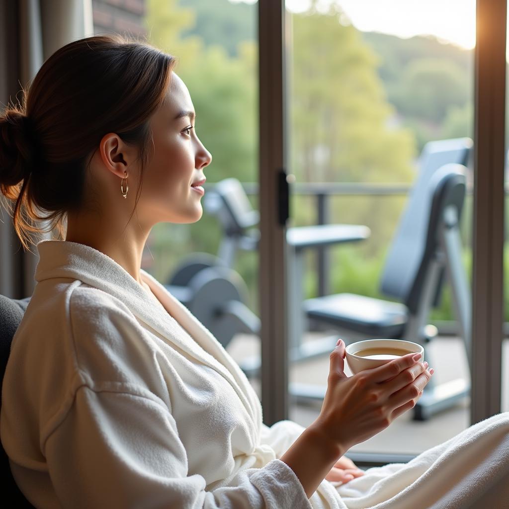 Woman relaxing in spa after workout at fibre fitness gym and spa