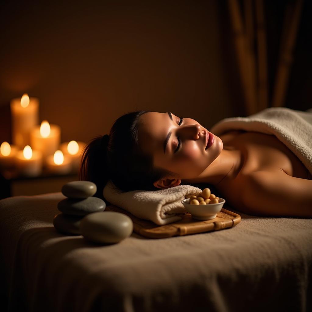 Woman relaxing in a serene spa environment with soft lighting and natural elements.