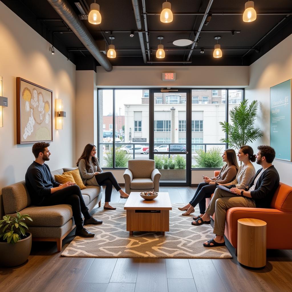 A group of people socializing in the FitLifez lounge area