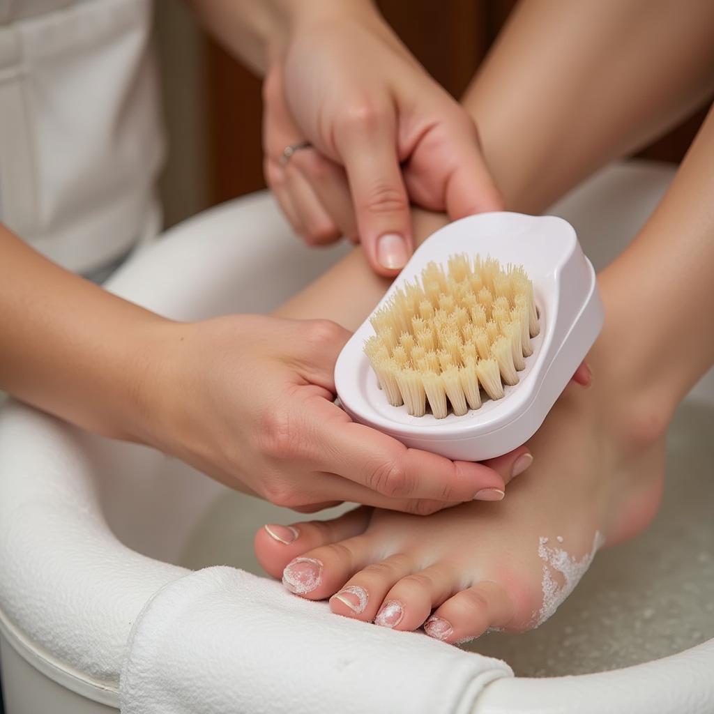 Exfoliating Feet with a Scrub Brush during a Foot Spa