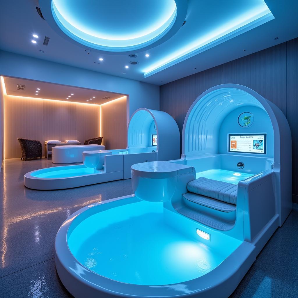 Futuristic aquadome spa with advanced technology and personalized hydrotherapy treatments.