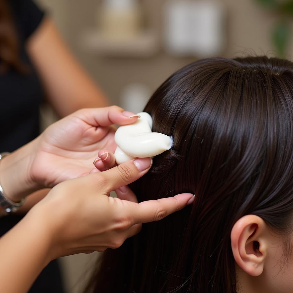 Applying hair spa lotion during treatment