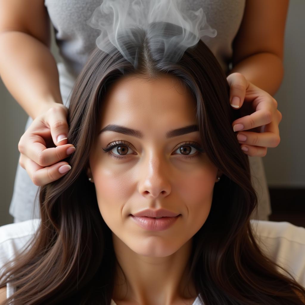 Woman receiving a relaxing hair spa treatment, showcasing the visible benefits of hydrated and shiny hair.