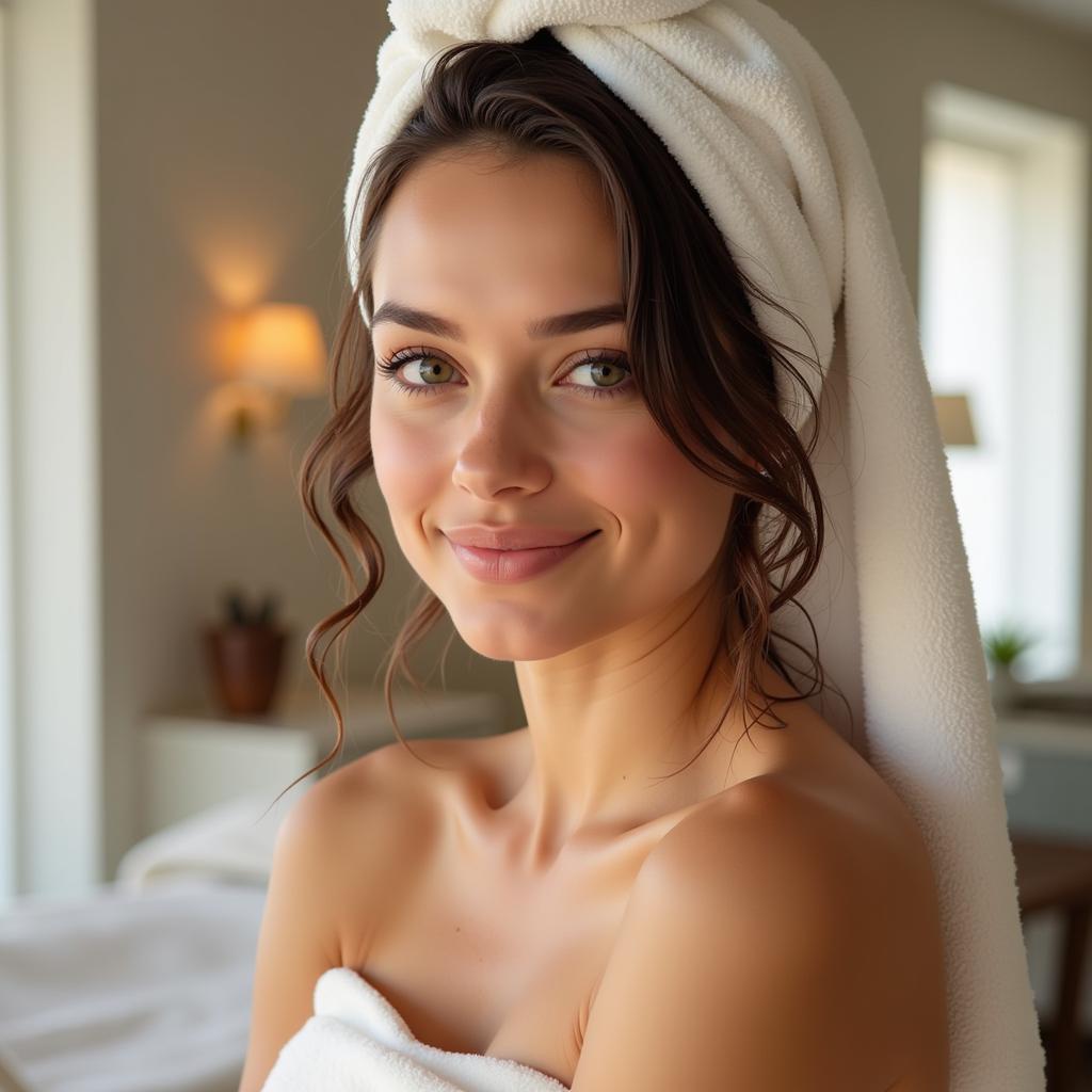 Hair Wrapped in Towel After Spa Treatment