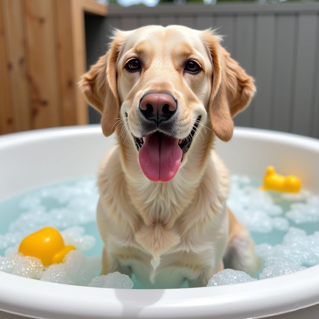 A clean and happy dog enjoys a bath in their spa tub.