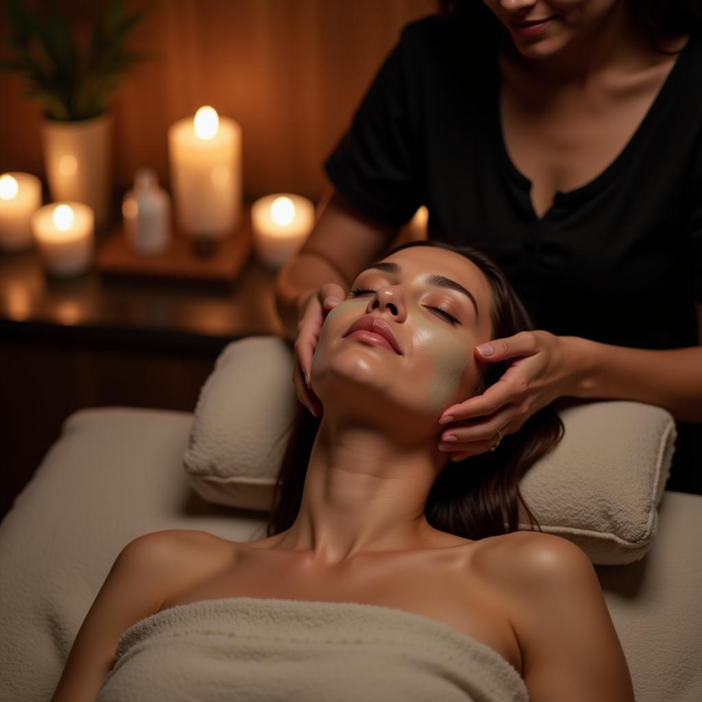 Woman receiving a relaxing facial treatment at a happy face spa