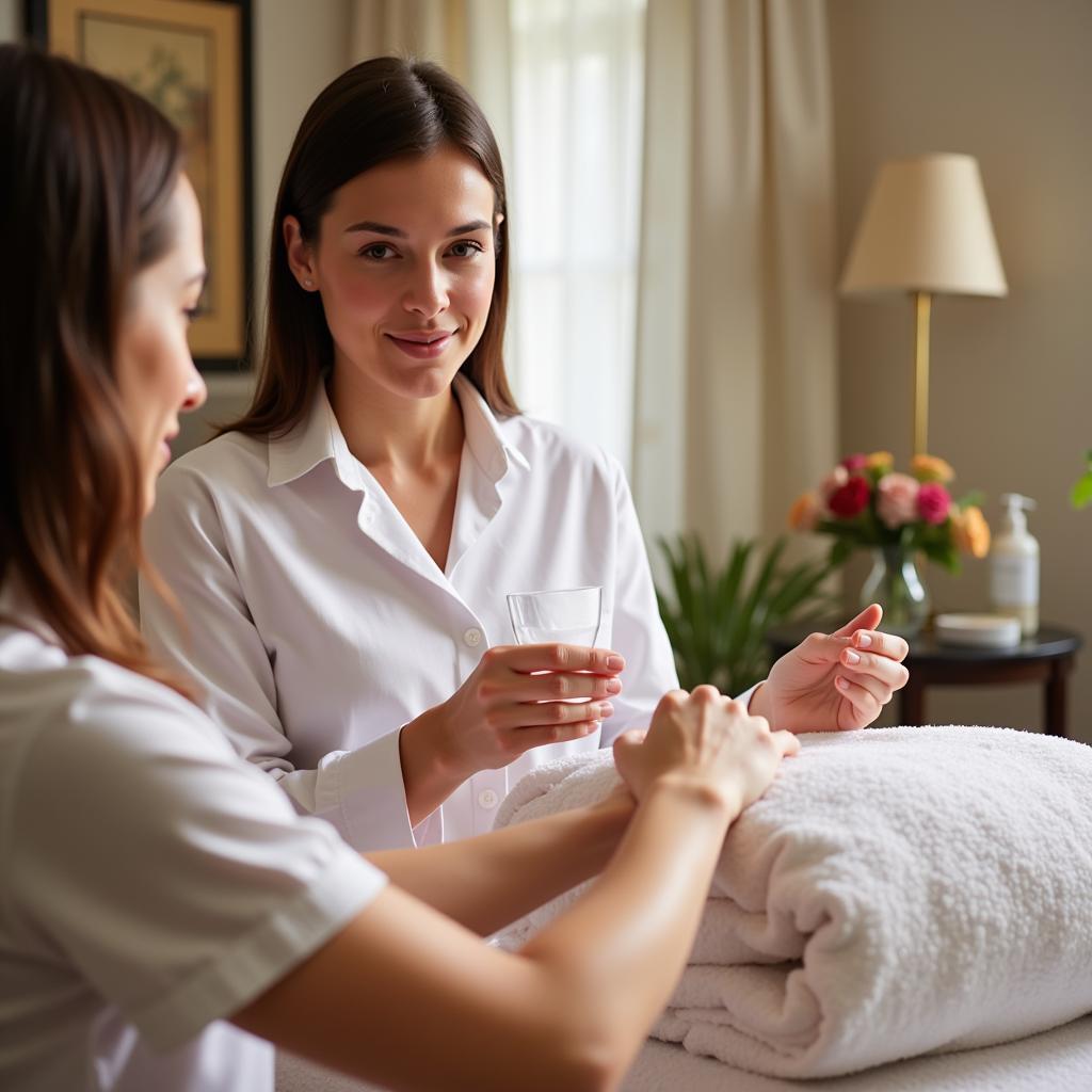 Spa Therapist Consulting with Client Before Treatment