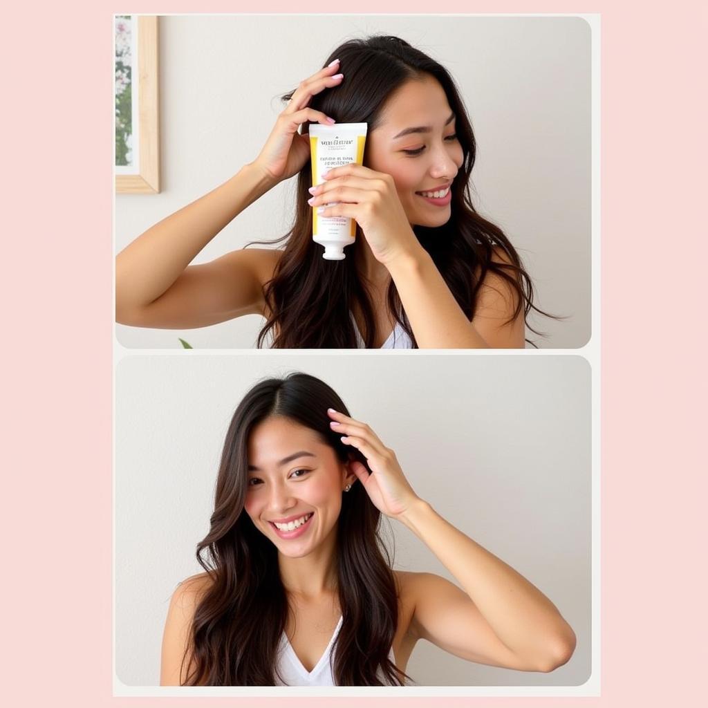 Woman massaging oil into her hair for a home hair spa treatment