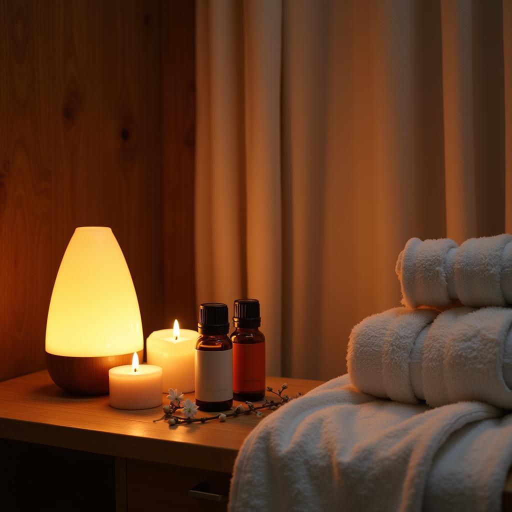 Creating a relaxing spa atmosphere at home with candles, essential oils, and soft towels.