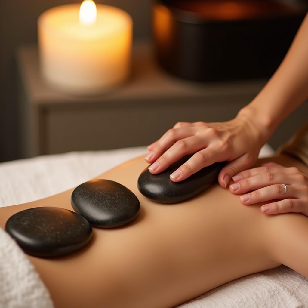 Therapist applying hot stones to a client's back during a massage at a spa near Rajiv Chowk.