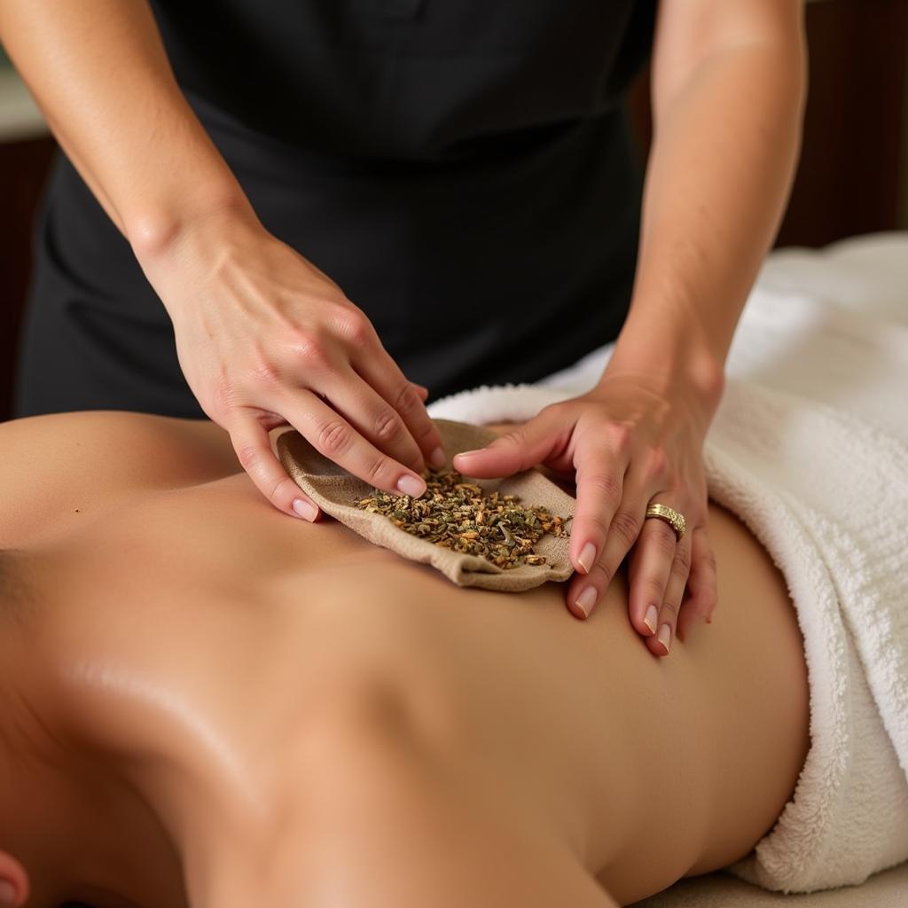 Therapist Applying Warm Herbal Compress during Jinan Thai Spa Treatment