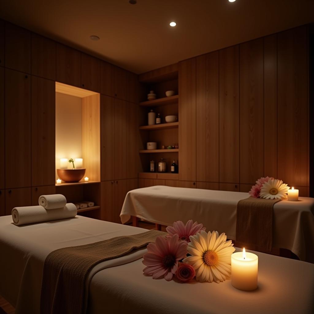 A tranquil treatment room at Korean Spa, highlighting the calming ambiance and focus on natural elements.