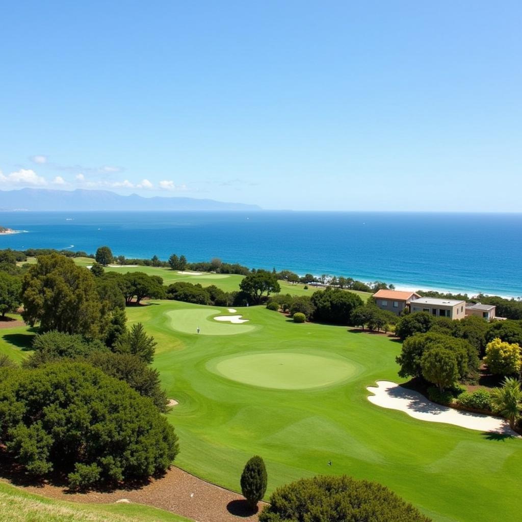 Lalit Goa Golf Course: A panoramic view of the lush green golf course at the Lalit Golf and Spa Resort Goa, with the Arabian Sea in the background.