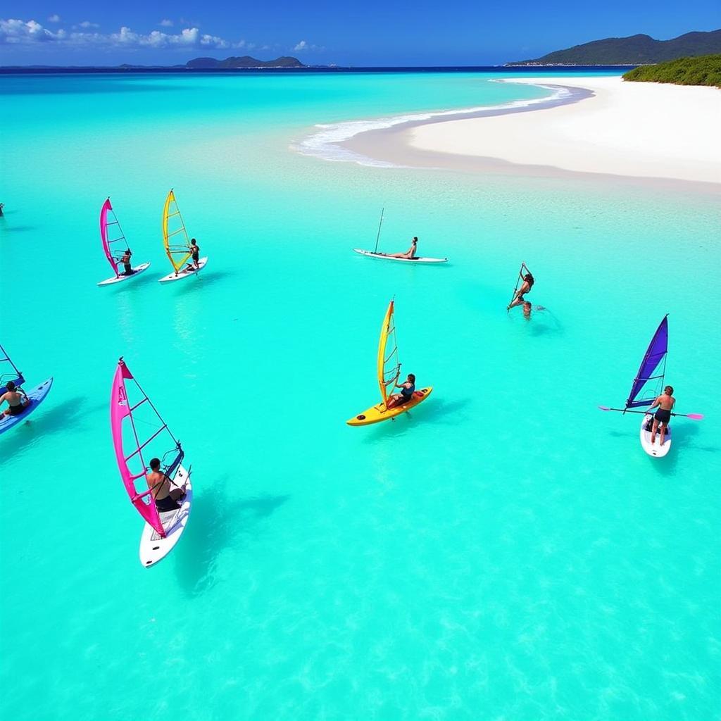 Le Mauricia Water Sports: Guests enjoying various water sports activities at Le Mauricia Beachcomber Resort & Spa, including windsurfing, kayaking, and paddleboarding in the turquoise waters of Grand Baie.