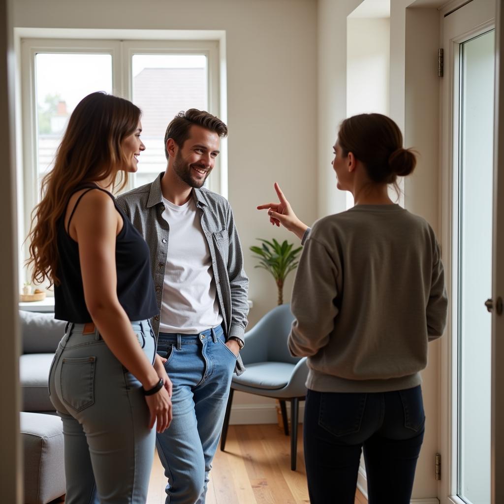 Couple viewing a property in Leamington Spa with an estate agent.