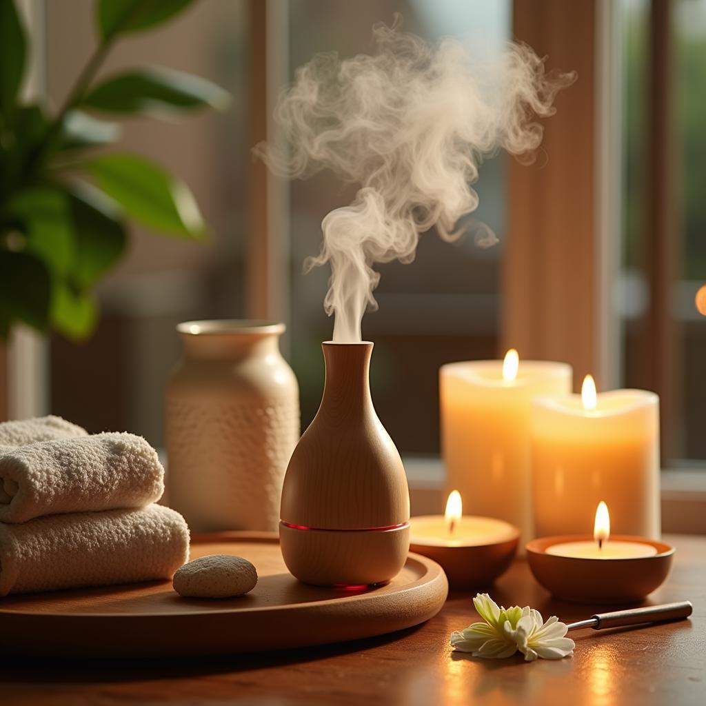 Lemongrass essential oil diffuser and candles create a relaxing home spa atmosphere.