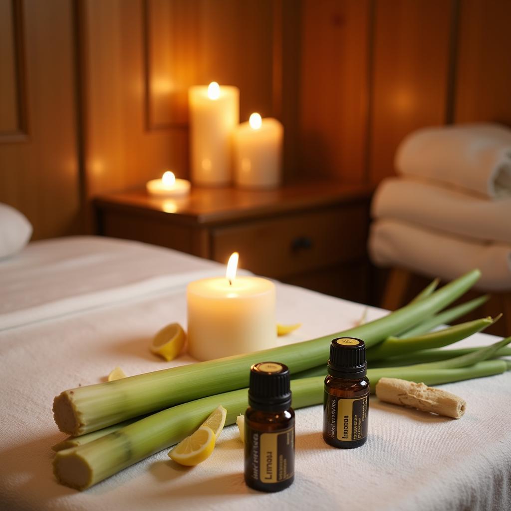 Lemongrass spa treatment room decor: tranquil setting with candles, essential oils, and fresh lemongrass stalks.