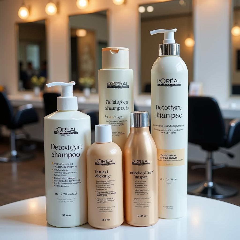 Display of L'Oreal Professionnel hair products in a salon