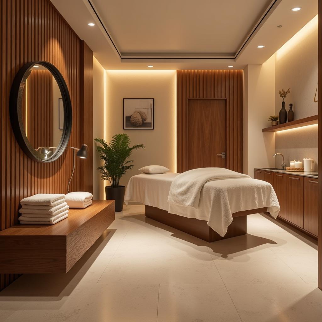 Luxurious spa interior in Delhi's commercial district, showcasing calming decor and ambient lighting.