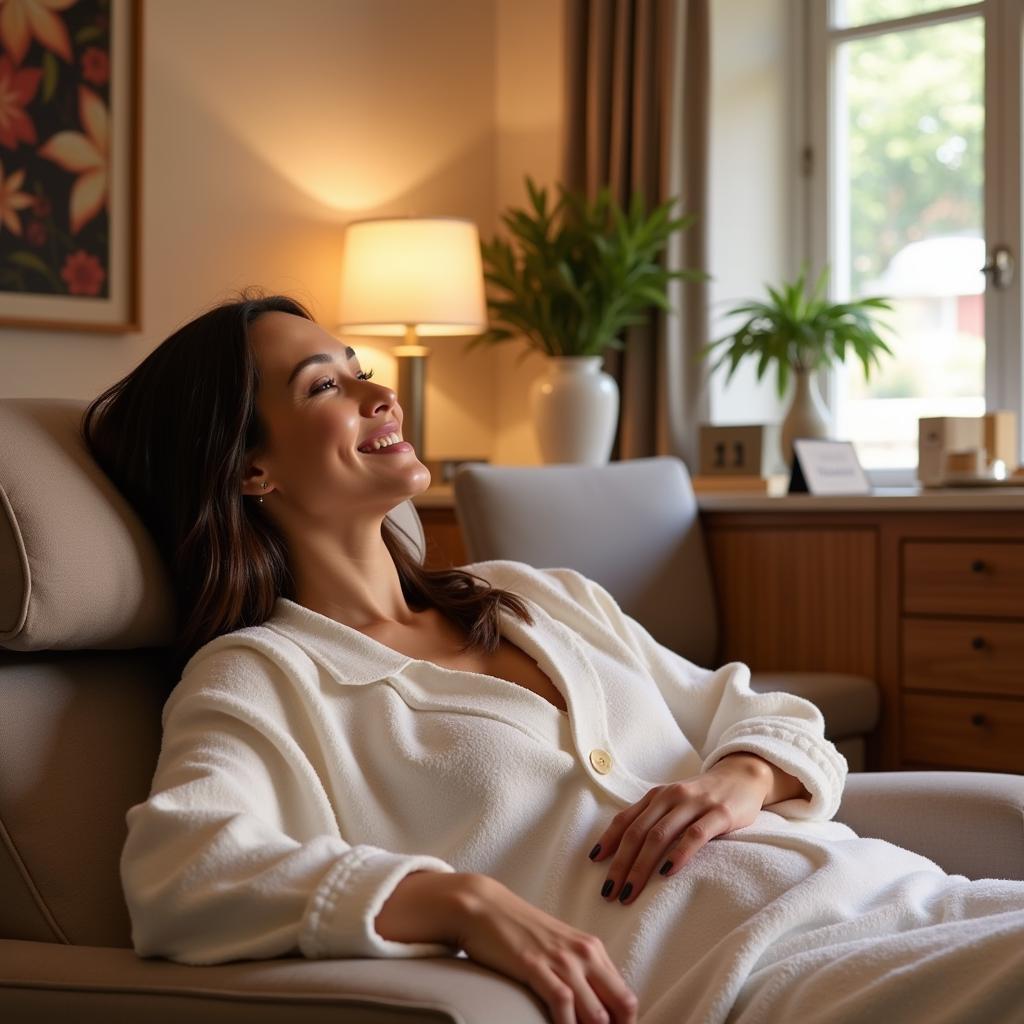 Merle Norman Spa Relaxation: Woman relaxing in a serene spa setting after a treatment at a Merle Norman spa.