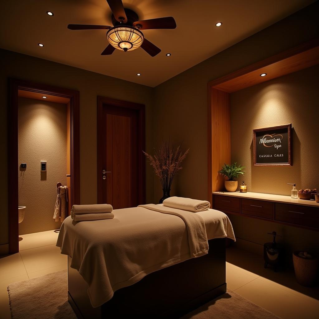 Serene treatment room at Millennium Spa Jamnagar, featuring soft lighting, natural elements, and a calming atmosphere.