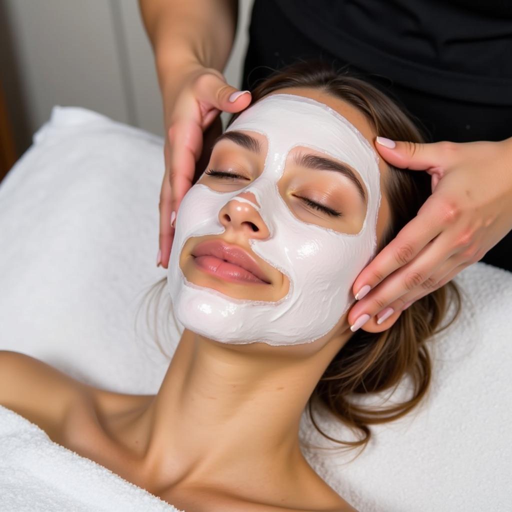 Close-up of a woman receiving a mini-facial treatment at a spa.