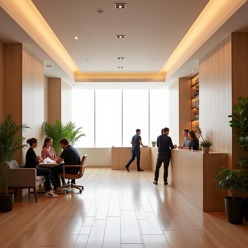 Modern Spa Reception Area with Clients and Staff