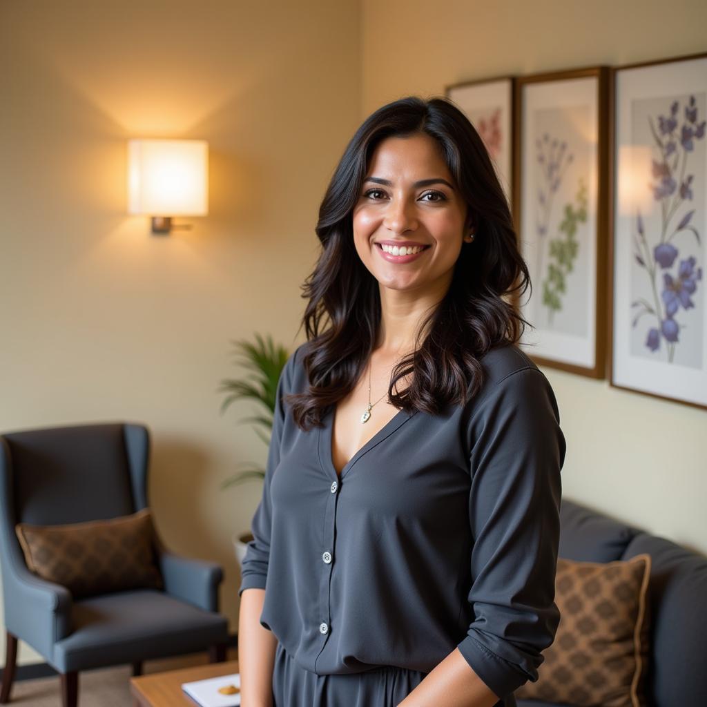 Nandini V, founder of Korean Spa, in the spa's serene reception area.