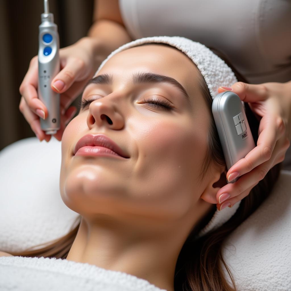 Woman receiving an oxygen facial treatment at a spa