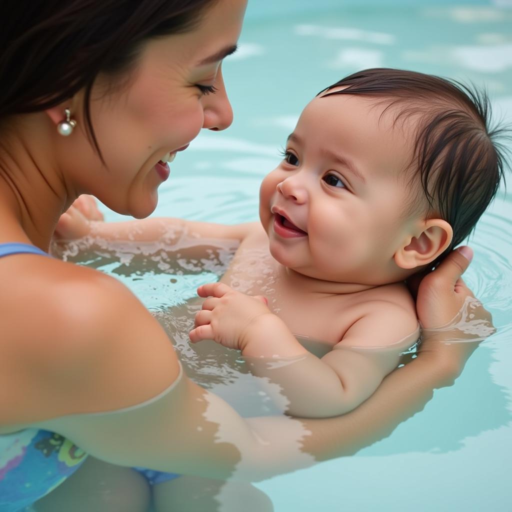 A parent lovingly supporting their baby in the warm water of a baby swimming spa.