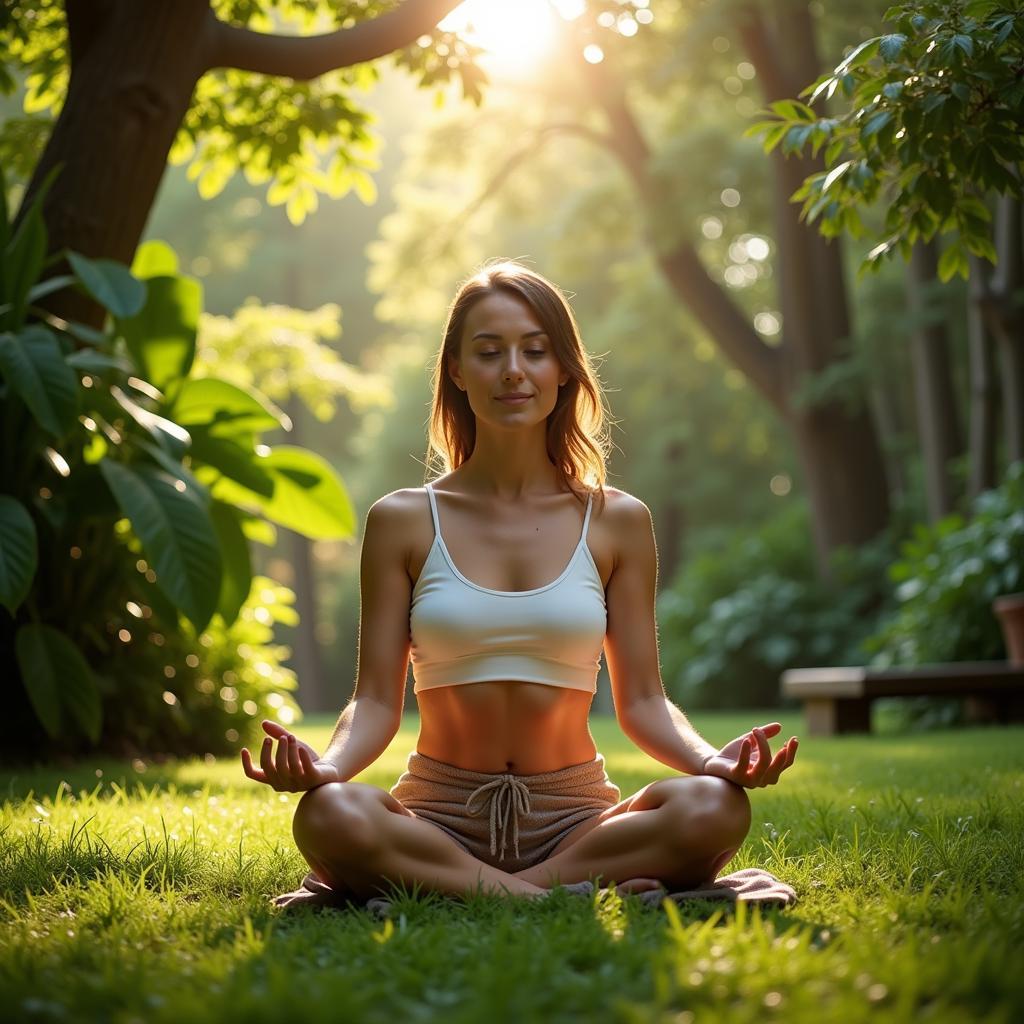 Peaceful woman meditating in a spa garden