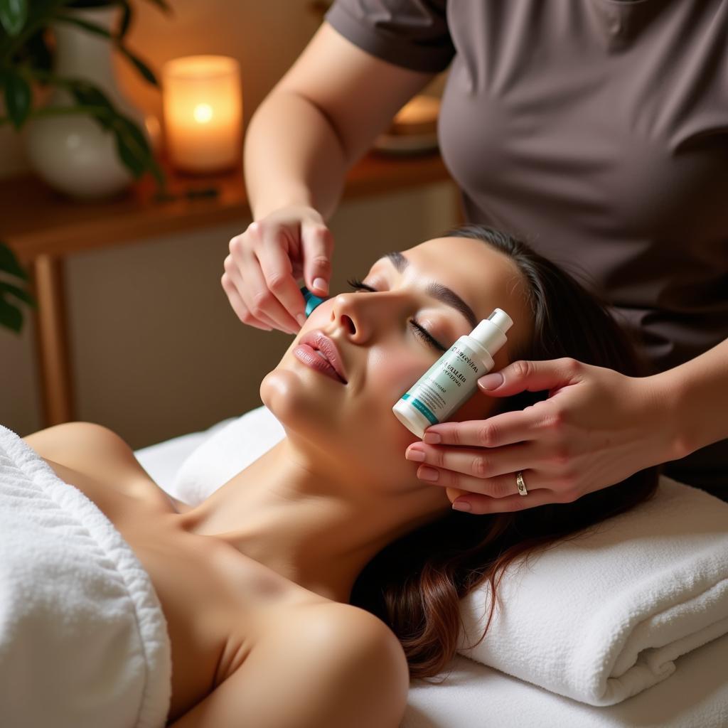 Woman enjoying a relaxing Pevonia facial treatment at a luxurious spa.