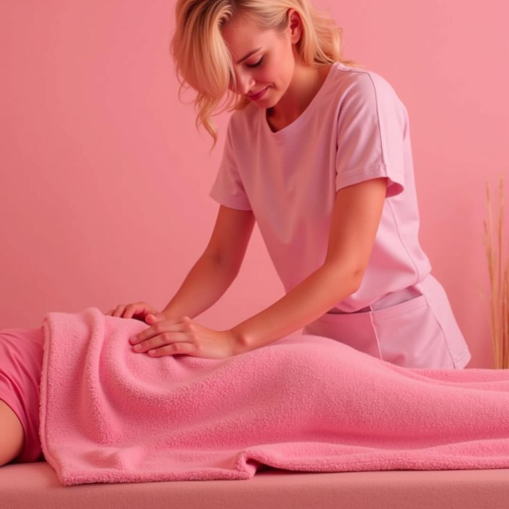 Pink Spa Massage Therapy: A relaxing massage therapy session in a serene pink spa room, promoting relaxation and well-being.