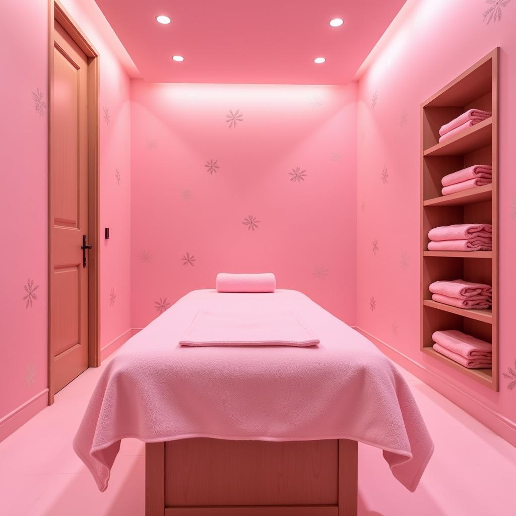 Pink Spa Room Decor: Tranquil and inviting spa room decorated with soft pink hues, plush furnishings, and ambient lighting.