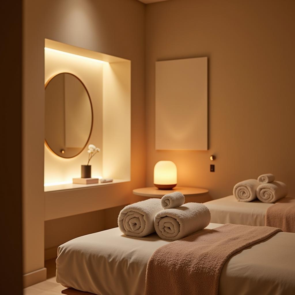 Tranquil spa treatment room in Ramnagar with soft lighting, comfortable massage table, and aromatherapy diffuser.