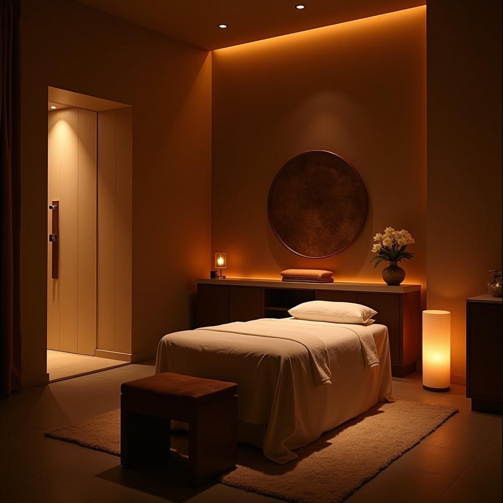 Red door spa treatment room with calming decor and soft lighting