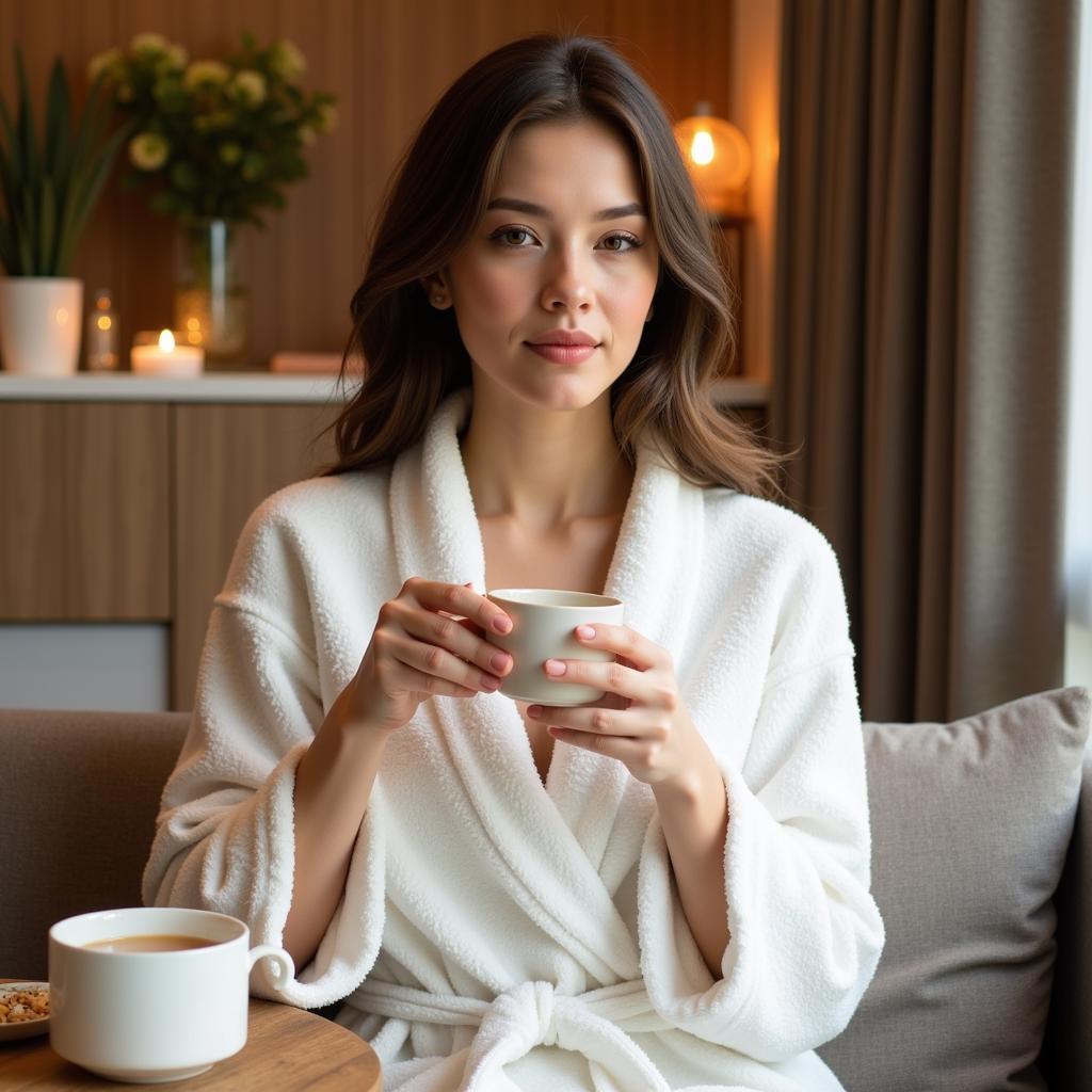 Relaxed Woman Enjoying Herbal Tea after Spa Treatment