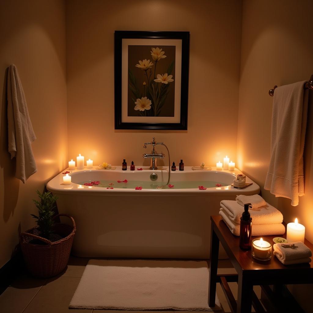 Relaxing home spa setup with essential oils and candles